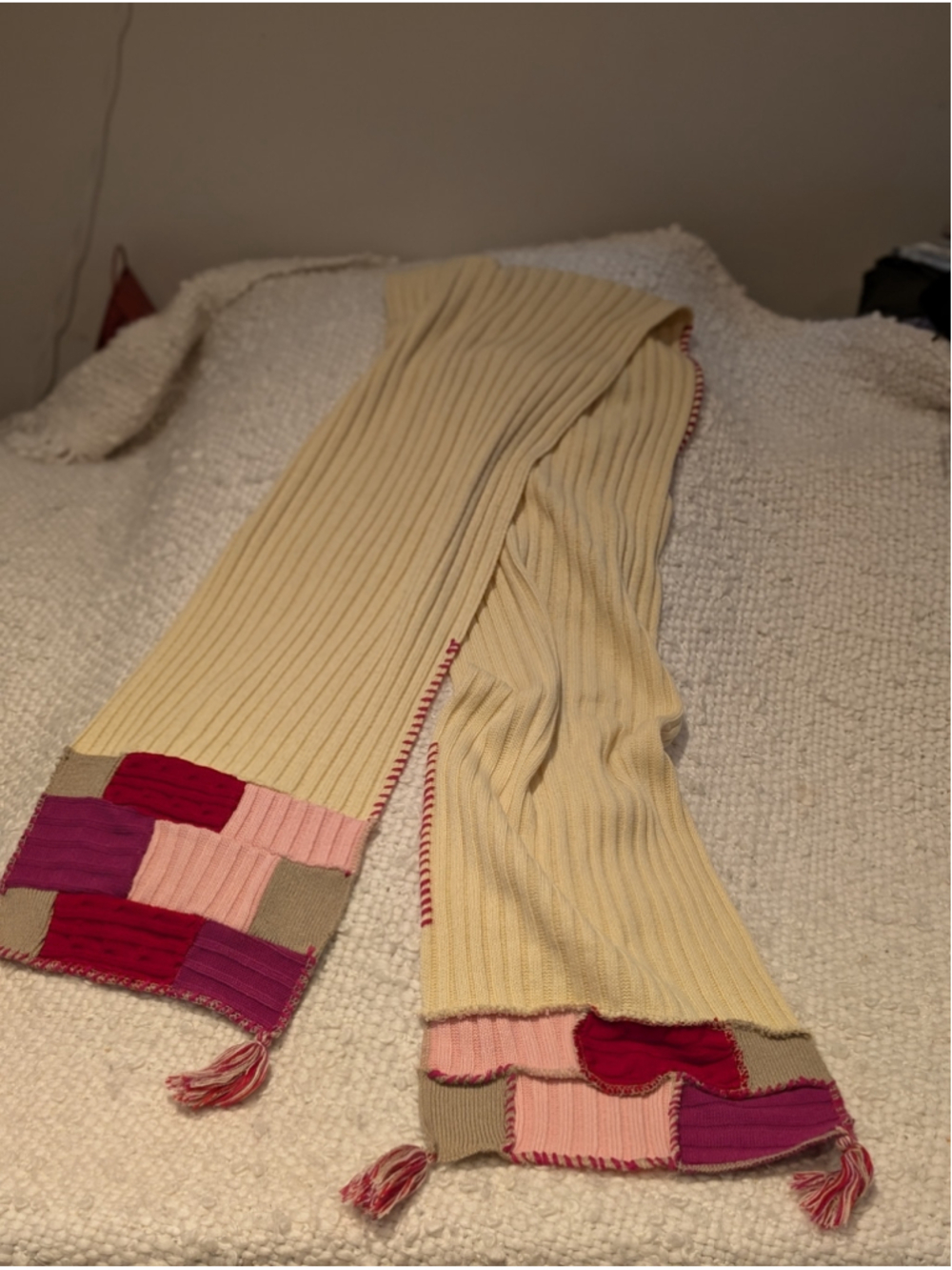 Women's Lucky Brand Patchwork Knit Scarf One Size Beige Multi-color